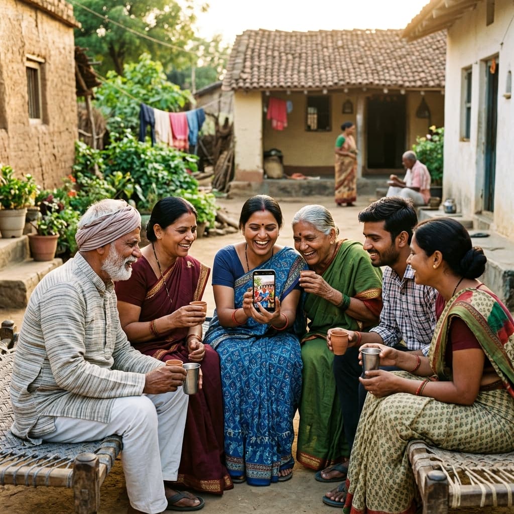 Happy neighbours looking at a smartphone